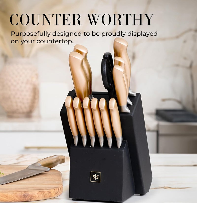 styled settings Black and Gold Knife Set for Kitchen with Block – 14-Piece Ultra-Sharp Stainless Steel Knives with Gold Handles and Built-In Sharpener – Stylish Kitchen Accessories for Cooking and Decor - Image 4